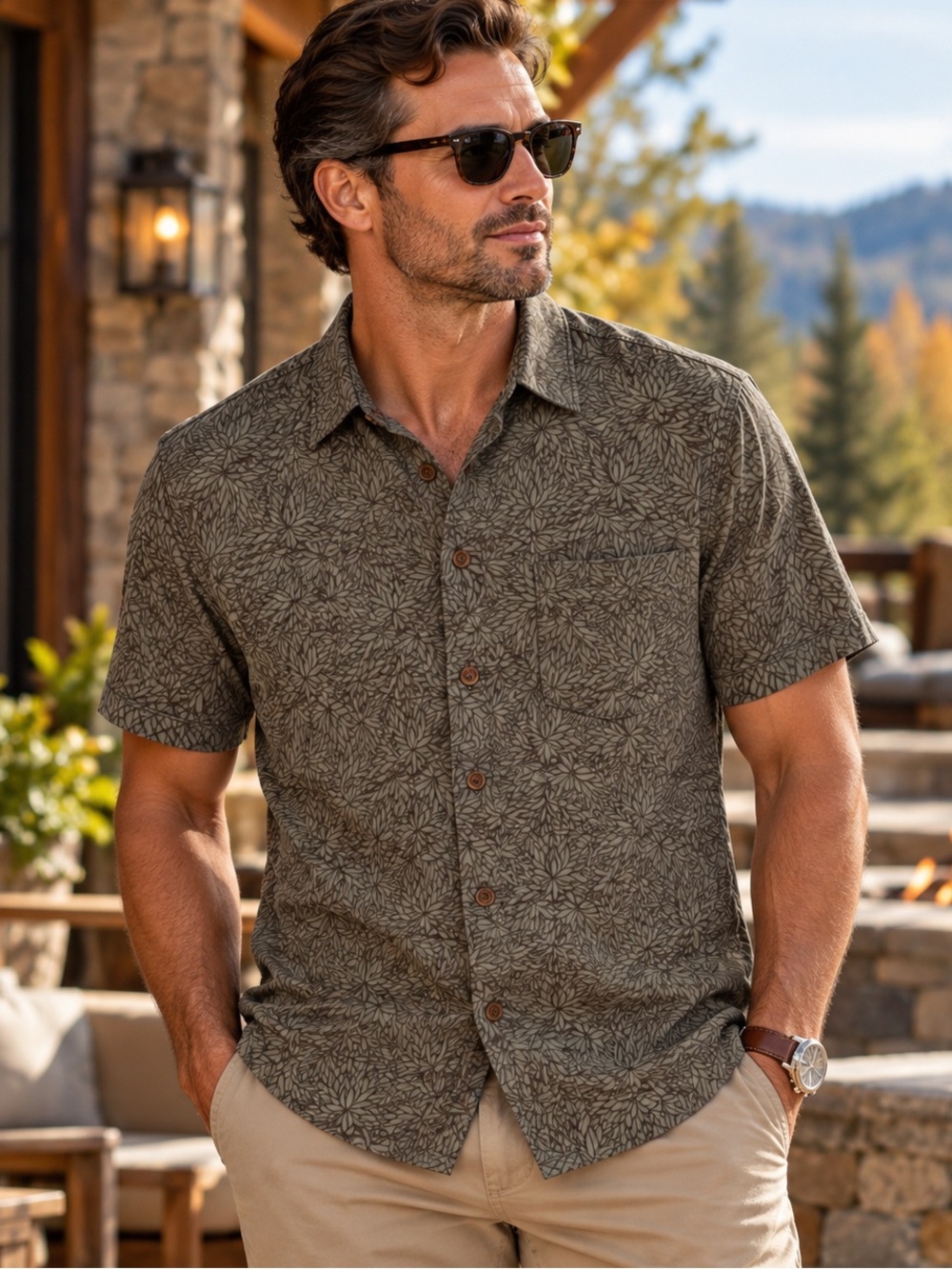 Faherty Hermosa Shirt Men’s L Olive Frond Supima Cotton Tencel $168